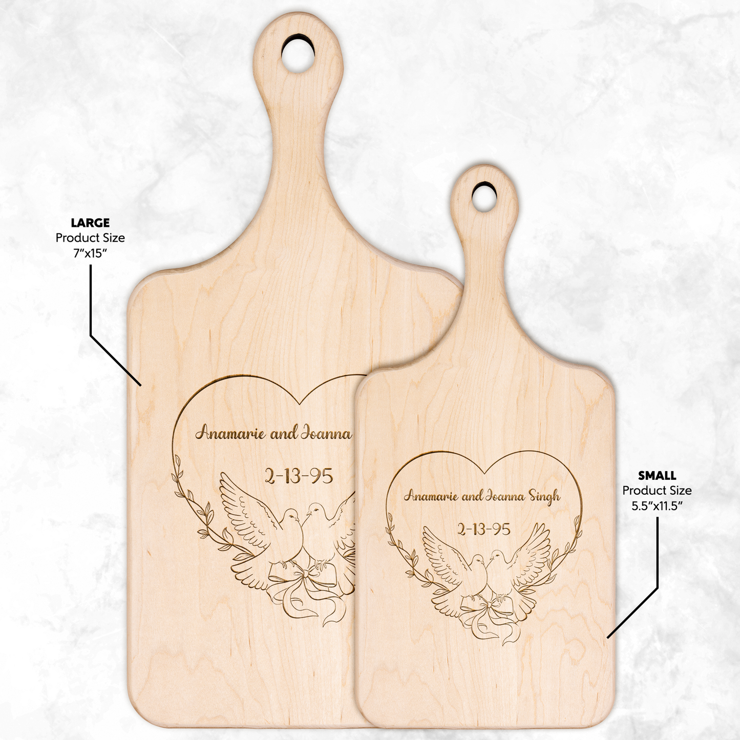 Anamarie and Joanna Singh 2-13-95 Personalized Hardwood Paddle Cutting Board