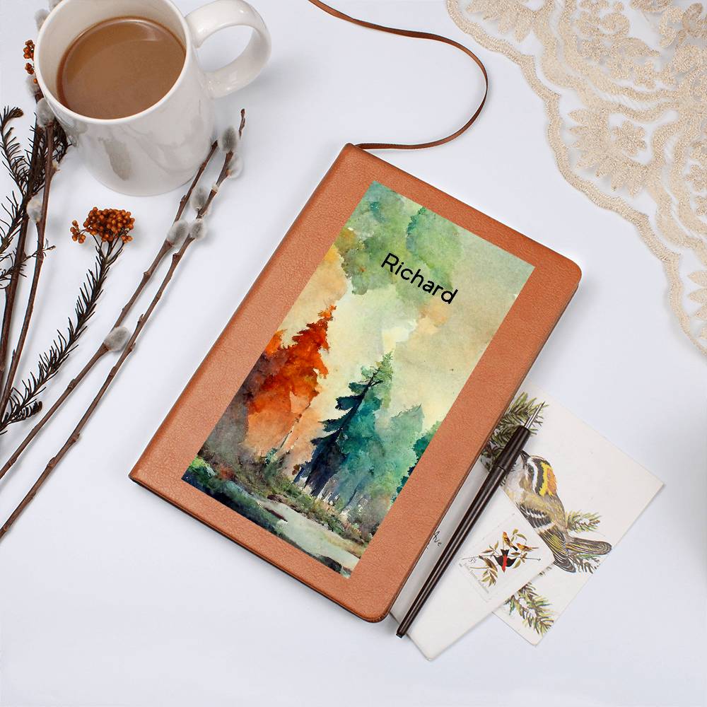 Personalized Watercolor Forest Art Scene Leather Journal