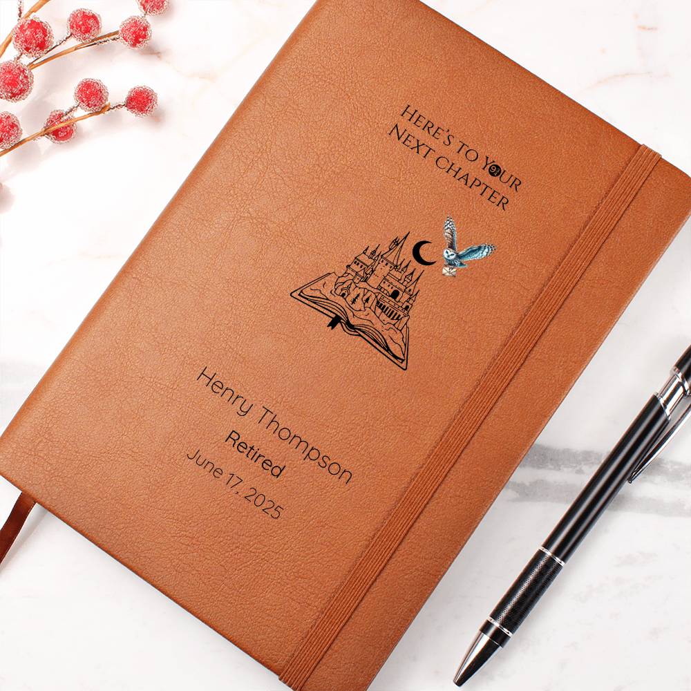 Here’s To Your Next Chapter Retirement Journal | Personalized Leather Journal | Wizard-Inspired
