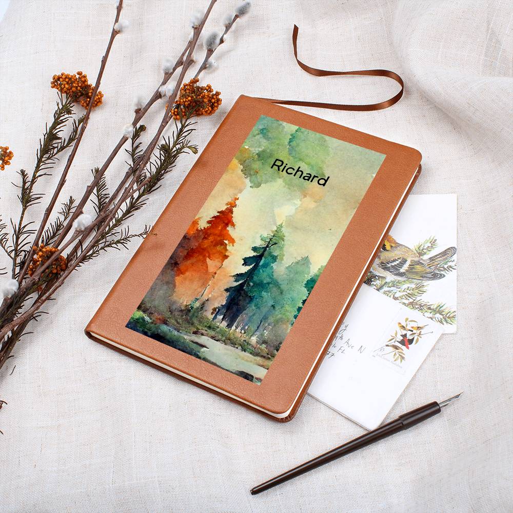 Personalized Watercolor Forest Art Scene Leather Journal