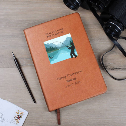 Here’s To Your Next Chapter Retirement Quote Journal | Personalized Leather Journal | Fishing | Nature
