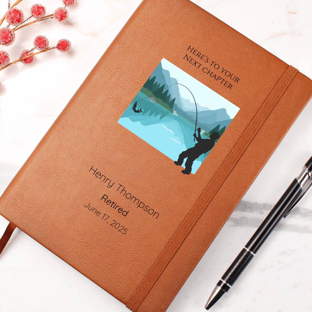 Here’s To Your Next Chapter Retirement Quote Journal | Personalized Leather Journal | Fishing | Nature