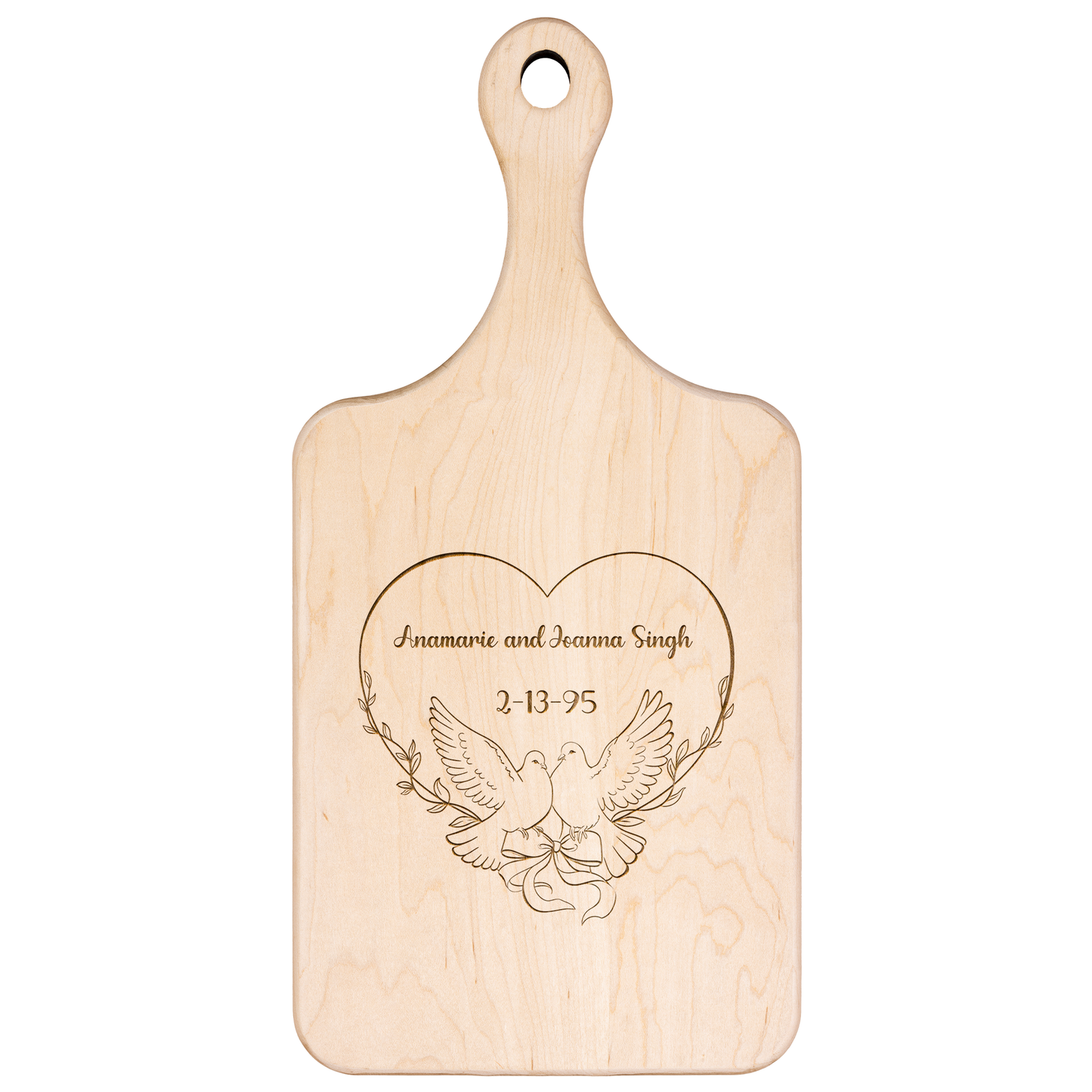 Anamarie and Joanna Singh 2-13-95 Personalized Hardwood Paddle Cutting Board