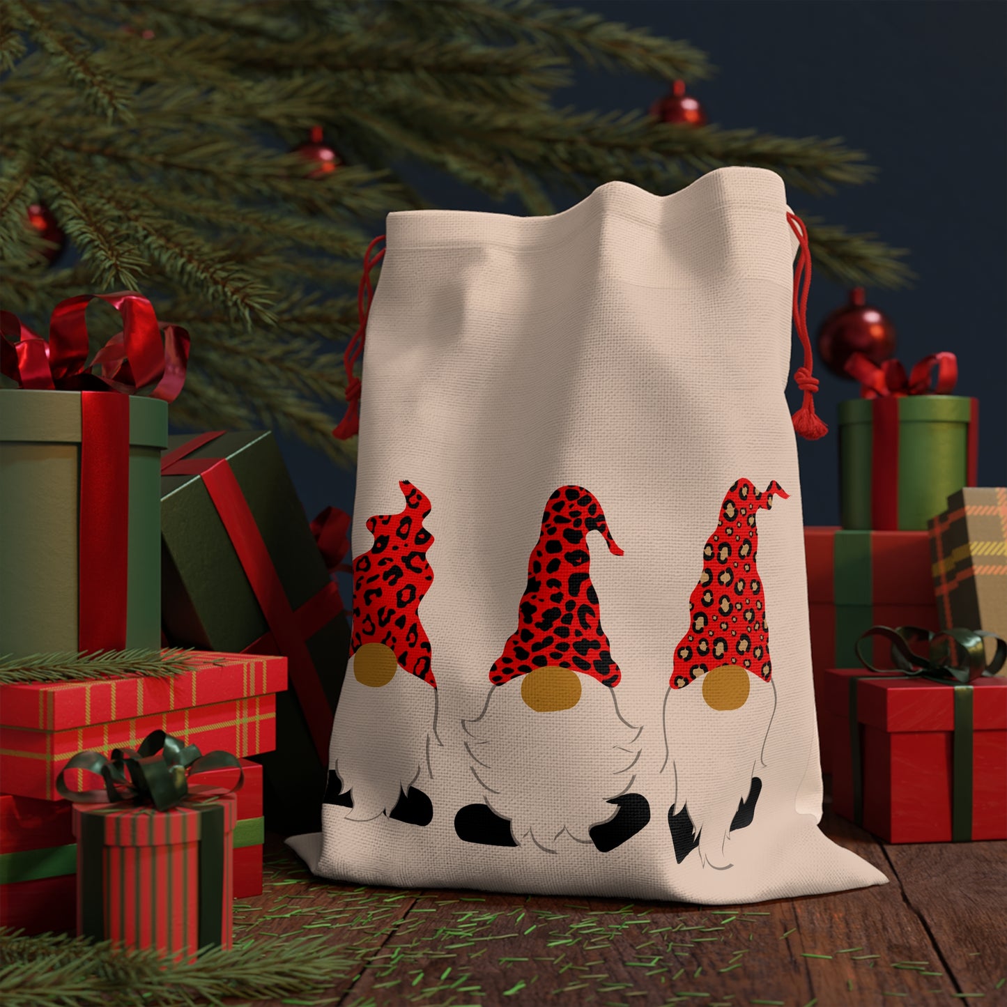 Gnome Themed Gift Bag, Holiday Gift Pouch, Drawstring Present Bag, Christmas Packaging, Cute Gnome Decor