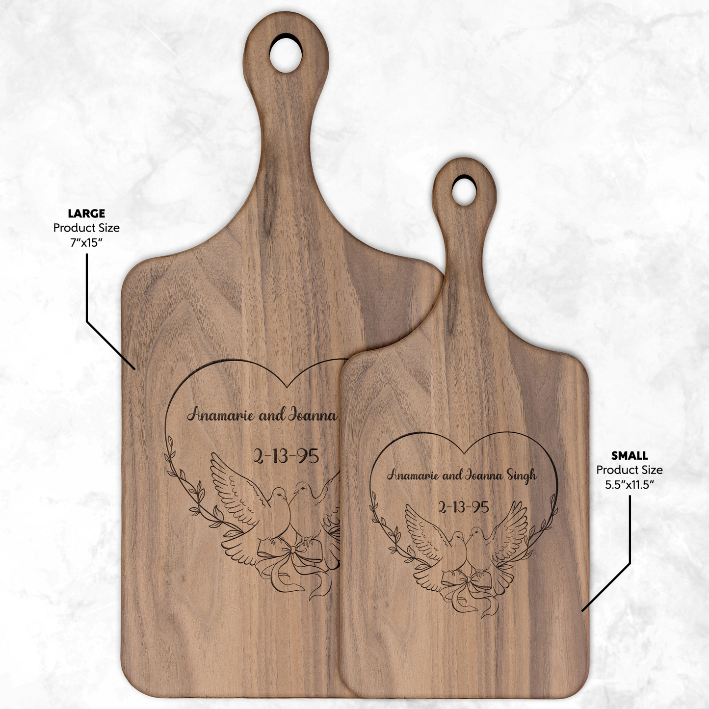 Anamarie and Joanna Singh 2-13-95 Personalized Hardwood Paddle Cutting Board