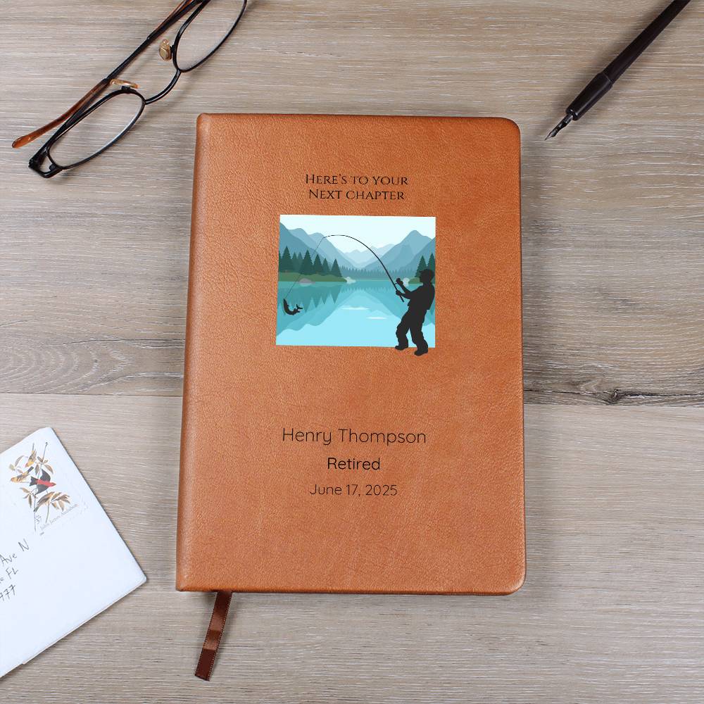 Here’s To Your Next Chapter Retirement Quote Journal | Personalized Leather Journal | Fishing | Nature