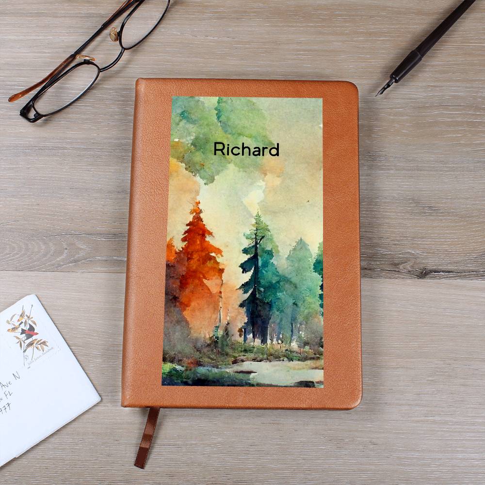 Personalized Watercolor Forest Art Scene Leather Journal