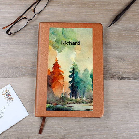 Personalized Watercolor Forest Art Scene Leather Journal