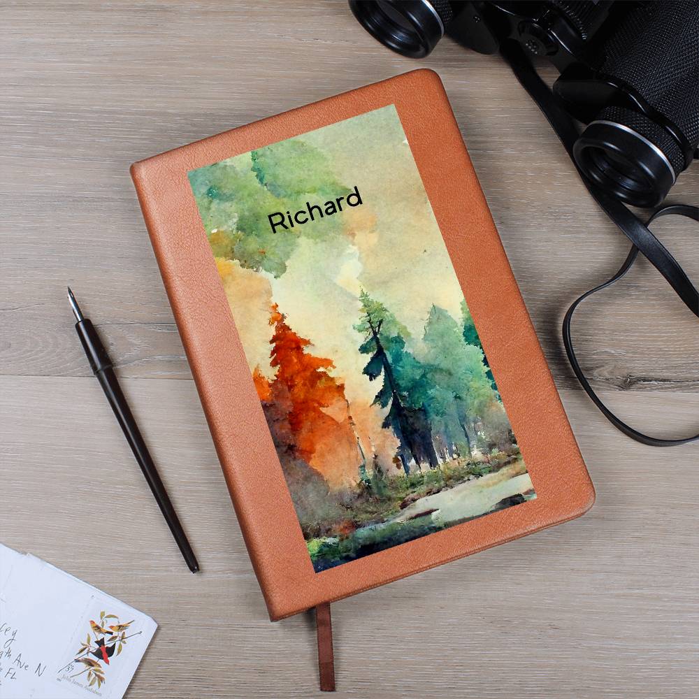 Personalized Watercolor Forest Art Scene Leather Journal