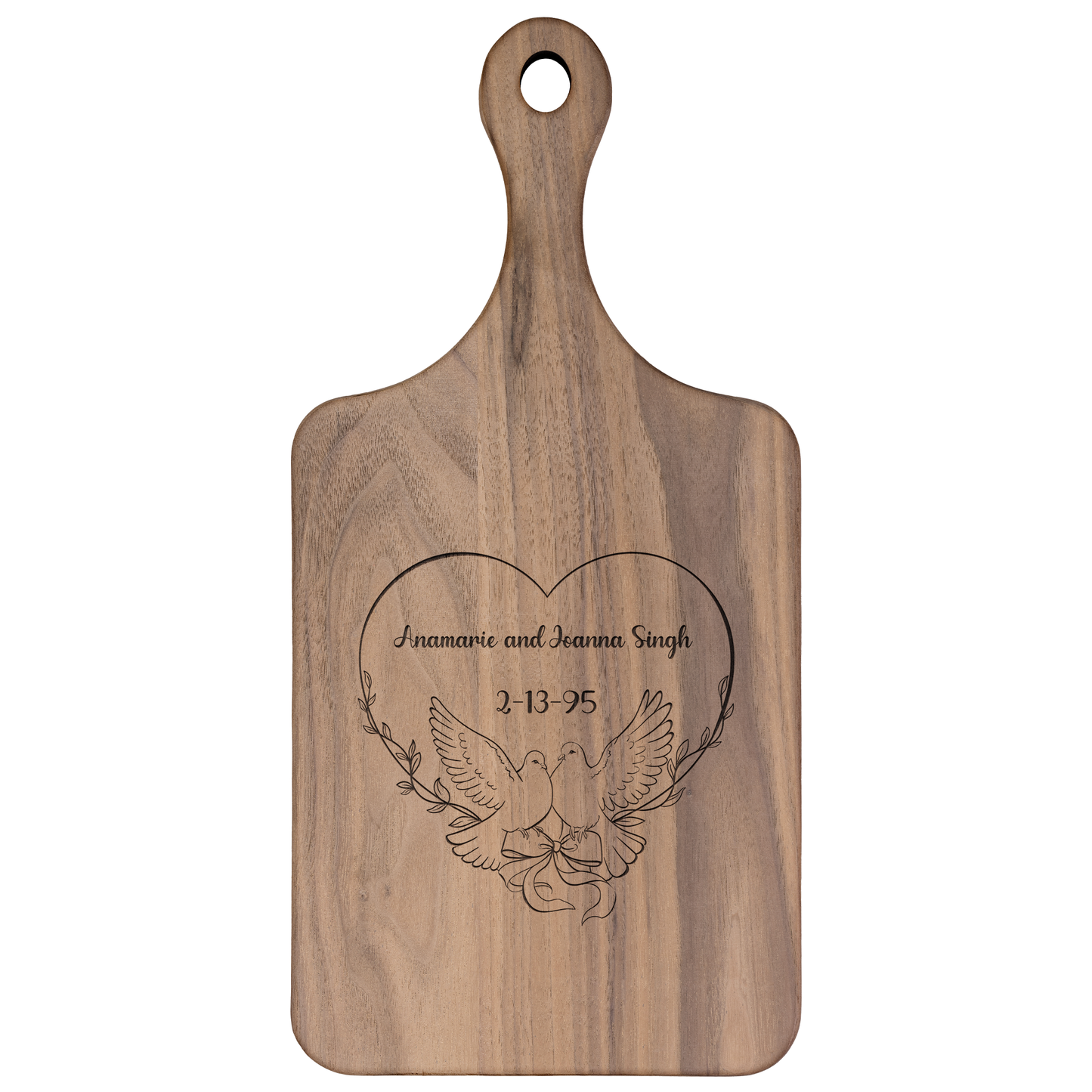 Anamarie and Joanna Singh 2-13-95 Personalized Hardwood Paddle Cutting Board